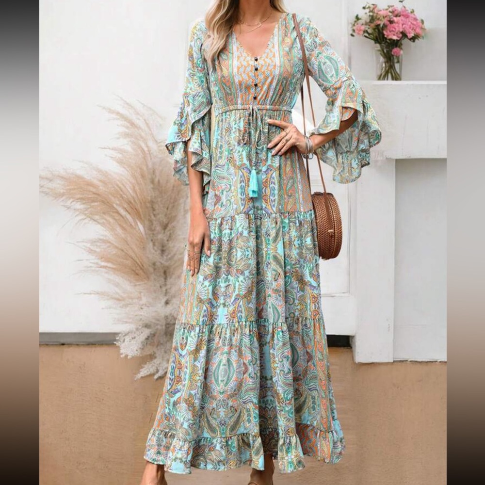 Boho Floral Print Paisley Flare Sleeve Ruffle Hem Maxi Dress - Picture 6 of 11